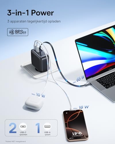 Baseus Enercore USB C-oplader, 100 W verlengkabel, 3 GaN-poorten, snellader, PD oplader, compatibel met MacBook Pro Air, Dell, HP, iPad, iPhone 17/16/15/14/13Pro Max Galaxy S25/24Ultra - Afbeelding 6