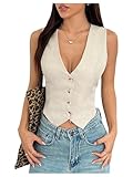 SOLY HUX Women's Sleeveless Blazer Vest V Neck Button Down Crop Vest Tops Work Casual Waistcoat Plain Apricot Small