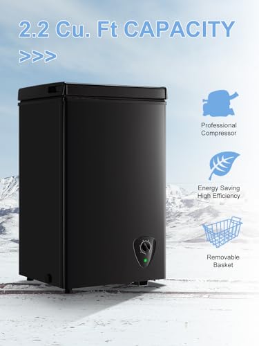 Image of Chest Freezer Small Deep Freezer Black 2.2 Cu.Ft Free-Standing 7 Temperature Control and Removable Basket Open Deep Freezer Energy Saving Apartment Kitchen