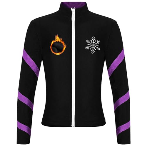 Jhaoyu Sudadera cálida para niña con cremallera y brillantes para el tiempo libre, forro polar, chaqueta de entretiempo para patinaje artístico, Morado claro, 122-128