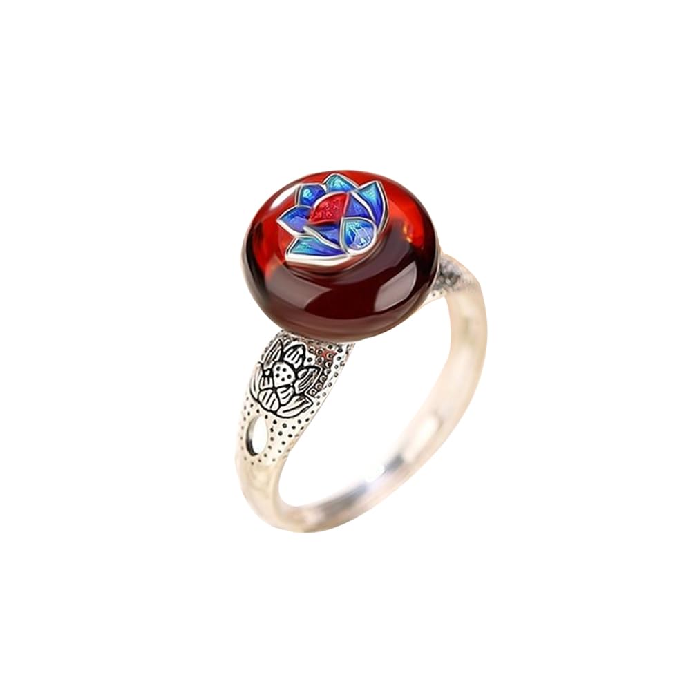 HMJGDHX S925-Silber mit natürlichem rotem Bernstein, Cloisonné-Lotusblume, Ping-An-Schnalle-Ring (verstellbare Öffnung), Ring für Damen, echte Jade