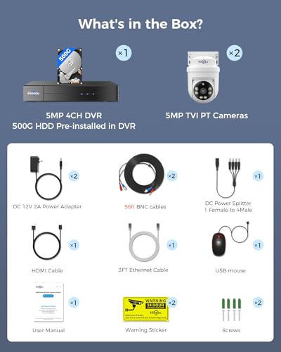 Hiseeu 3K 360&deg;View PTZ Wired Security Camera System with Color Night Vision,Audio,4ch 5MP DVR,2PCS Cameras,500G HDD,Person/Vehicle Detection,Home CCTV Camera System