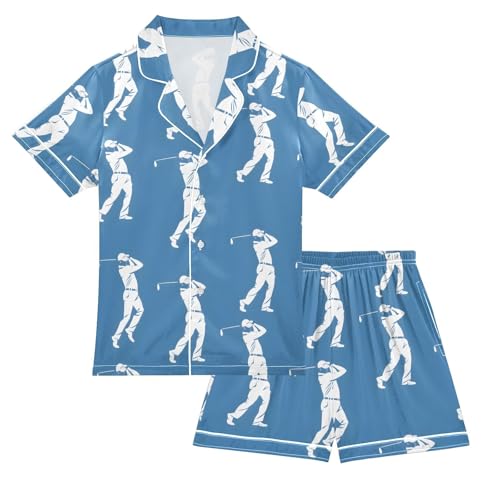 ALAZA Golf Player Blue Satin Pajamas Set Short Sleeve Button Down Sleepwear Summer Pjs 2 Piece