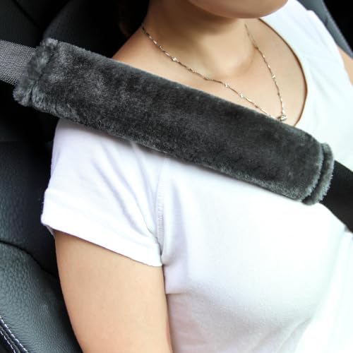 Amooca Soft Faux Fur Universal Fit Seatbelt Cover Car Truck SUV Airplane Seat Belt Shoulder Pad for Carmera Backpack Straps Neck Cushion Protector 2 Pack 10.5in Dark Gray