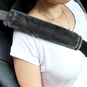 Amooca Soft Faux Fur Universal Fit Seatbelt Cover Car Truck SUV Airplane Seat Belt Shoulder Pad for Carmera Backpack Straps Neck Cushion Protector 2 Pack 10.5in Dark Gray