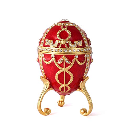 QIFU Red Easter Egg Style Hand Painted Jewelry Trinket Box with Rich Enamel and Sparkling Rhinestones Unique Easter Day Gift