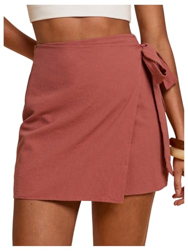 MakeMeChic Womens Summer Boho Wrap Mini Skirt Beach Vacation Short Skirts Rust Brown Medium