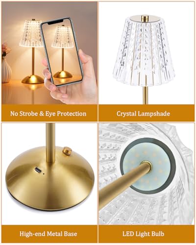 Cordless Touch Table Lamp, 3500mAh LED Rechargeable Small Dask Lamp, 3 Colors Dimmable Battery Operated Crysta Lamp for Bedroom Restaurant Kitchen Home Decor, Gold - Image 7