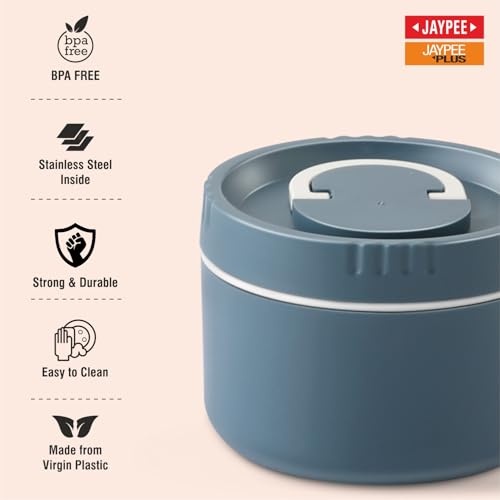 Image of Jaypee Plus Snackpac Sr. Airtight Leakproof Container 500 ml Lunch Box for School, Office, Ideal for Snacks and Meal, Keeps Food Hot & Fresh Inner Stainless Steel Easy to Carry Handle, Bowl Grey