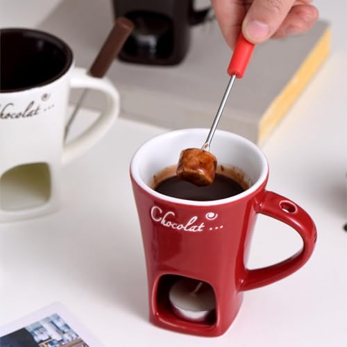 جيرني كوب اذابة الشوكولاتة، كوب تسخين شموع تيلايت للشوكولاتة والفوندو، وعاء تسخين الزبدة من السيراميك مع شوكة، لوازم اذابة الشوكولاتة للجبن والشوكولاتة والتاباس (احمر)