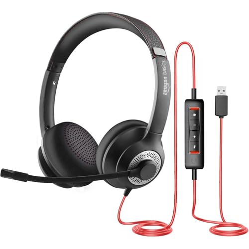 Image of Amazon Basics Pro Series Wired USB On Ear Headset with Mic | 40 mm Driver | Computer /PC or Laptop Headphone | Noise Cancellation Microphone | in-line Control for Home, Office, Teams or Zoom, Black