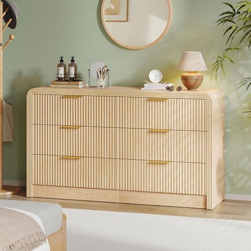 Decofy 55" W Fluted 6-Drawer Dresser for Bedroom,Natural Oak