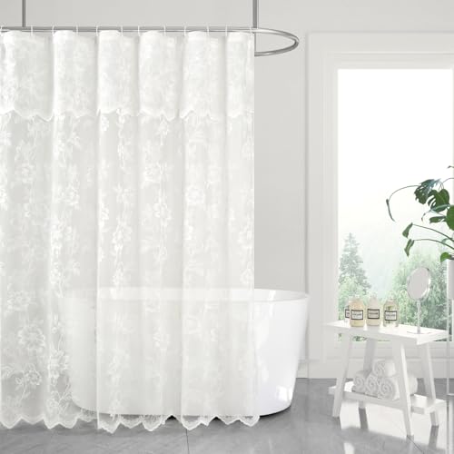 FINECITY Ivory Lace Shower Curtain for Bathroom Rustic Vintage Lace Shower Curtain with Attahced Valance Sheer Shower Curtain Panel 72 x 72 Inch 1 Panel Ivory