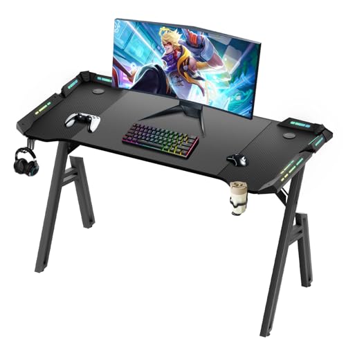Bureau Gamer LED,Forme de A Moderne Table Gaming,Bureau Gaming avec Porte-gobelet et Crochet pour Casque,Plateau en Fibre de Carbone,Bureau...