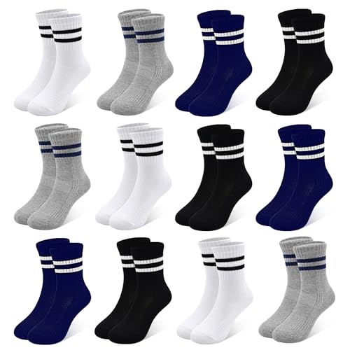 Image of 12 Pairs Boys Socks Kids Toddler Crew Socks Boys Athletic Sock Black for Boy Girls,1-12 Years.