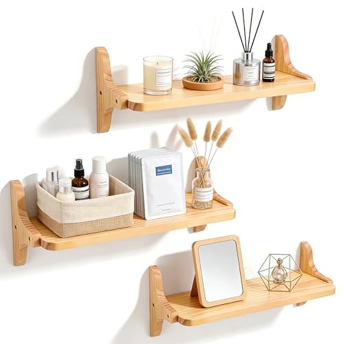 ExKeen Lot de 3 Étagères Murales en Bois de Pin Massif, Étagère Flottante Murale 40cm avec Charge Maximale 10kg, Rangement Mural Facile à Installer pour Salon, Chambre, Cuisine, Salle de Bain