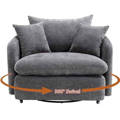 LITVZ 360 Degree Swivel Accent Chair Oversized, 37.8 inch Extra Wide Barrel Swivel Chairs with Deep Seat for Living Room, Club, Reading, Bedrooms (Light Grey)