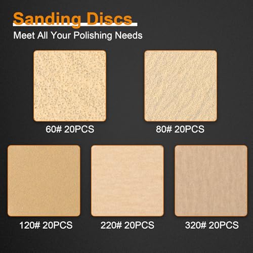 Image of 100PCS 5 Inch Sanding Discs, 8 Hole Hook and Loop Round Sandpaper for Random Orbital Sander (60 80 120 220 320 Grits)