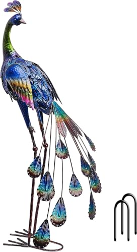 TERESA'S COLLECTIONS Décoration extérieure en forme de paon pour décoration de porche, grand oiseau en métal bleu, 61 cm, décoration de jardin pour...