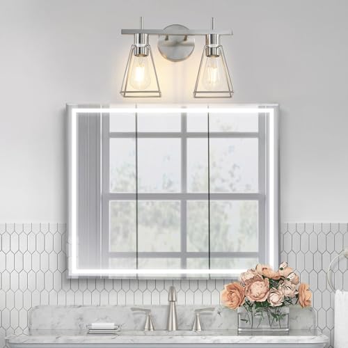 Image of Industrial Bathroom Vanity Lights: 2 Light Silver Brushed Nickel Vintage Metal Cage Wall Lamps - Rustic Farmhouse Light Fixture Over Mirrors Cabinet for Home Hallway