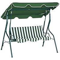 Outsunny 3 Seater Canopy Swing Chair Outdoor Garden Bench with Adjustable Canopy and Metal Frame - Green Stripes