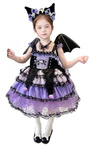 Girls Gothic Lolita Princess Dress Purple and Black Lace Trim Skirt with Bat Wings and Headband for Kids4