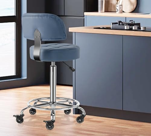 Image of Lockable Stool with Back and Foot Rest Ergonomic Rolling Hydraulic Adjustable Stool for Doctor Esthetician Artist Home Small Office Desk (Blue, 24''-31'')