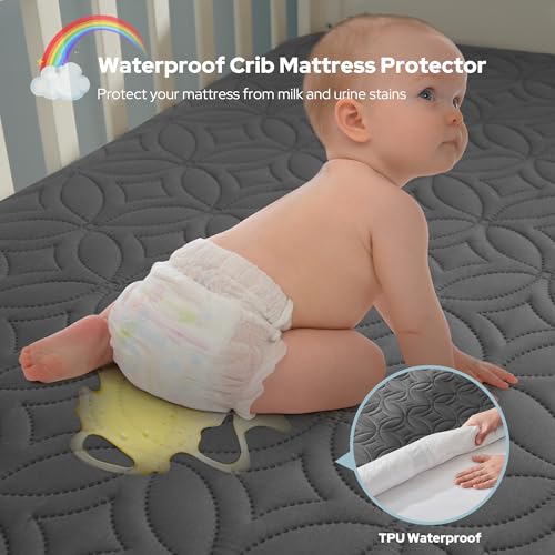 Image of Waterproof Crib Mattress Protector 2 Pack, Soft and Breathable Crib Mattress Pad Cover, Noiseless Machine Washable Toddler Mattress Protector for Standard Baby Toddler Bed (52''x28'',Gray)