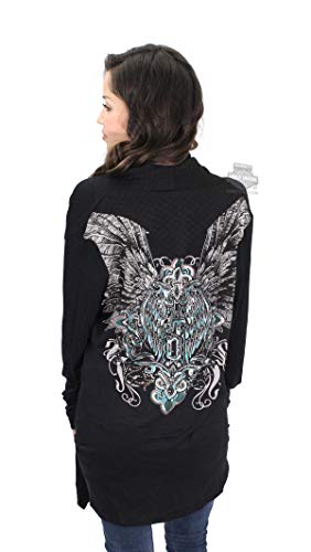 Harley-Davidson Womens Wing Quilted Accents with Rhinestones Cardigan Black Long Sleeve (S/M)