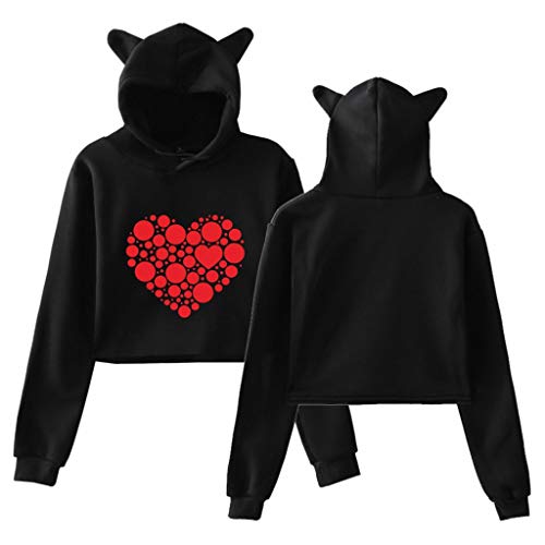 Aunimeifly Women\'s Hooded Sweatshirt Cat Ears T-Shirts Heart-Shaped Print Tops Loose Shirt Short Blouse(Navy,M) - Thumbnail 2