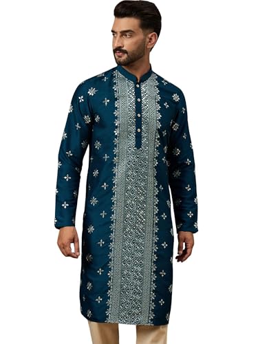 Image of Men's Solid Calf Length Silk Blend Embroidered Kurtas | Men | Kurtas for Mens | Straight Fit Kurta for Men's