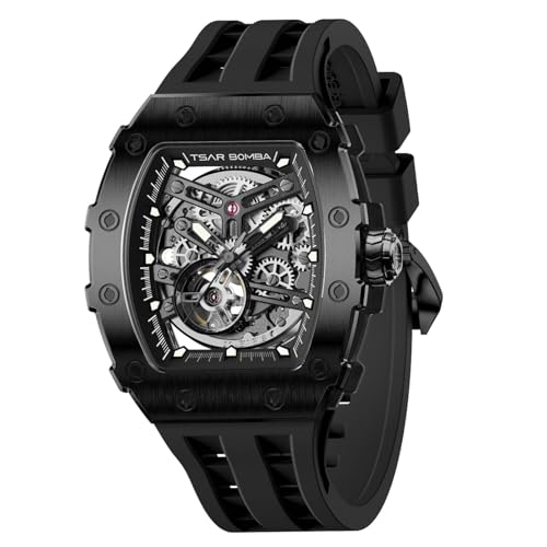 Image of TSAR BOMBA Men's Automatic Watch Tonneau Luxury Skeleton Watches for Men Mechanical 50M Waterproof Analogue Watches Mens Unique Cool Square Big Face Dial Wristwatch with Silicone Strap Band