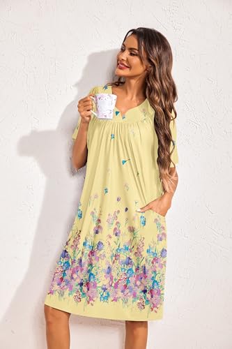 Image of Ekouaer 2 Pack House Dresses for Women with Pockets Short Sleeve Moo Moos Floral Print Mumu Dresses