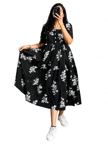 Image of Women's Pure Cotton Maxi Midi Dress Western Dress for Women Elegant Floral Printed Long Dresses | Soft & Breathable Fabric | Casual Trending Dress