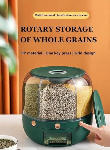 Image of Rotating Grain Dispenser for Kitchen | Multi-Compartment Food Storage Container with 6 Sections | 360 Dry Food and Cereal Organizer for Rice, Pulses, Cereal, Flour, Grains, Seeds (Green)