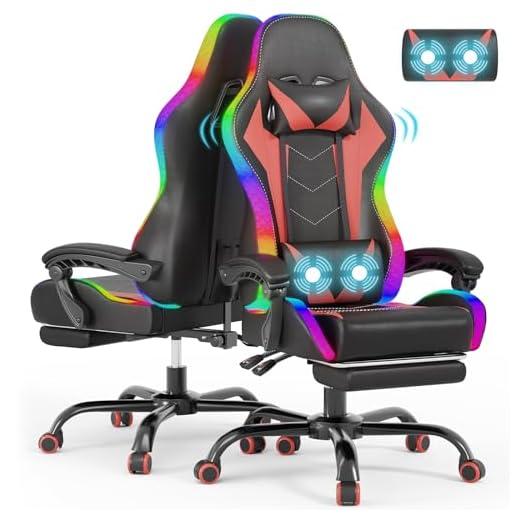 Devoko Silla Gaming con Masajeador y LED, Silla de Oficina Ergonómica con Reposapiés, Sillas Gaming para Oficina y Juegos con Iluminación RGB（Rojo）