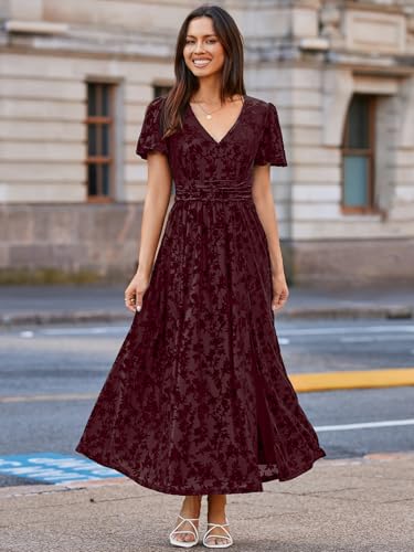 Image of Simplee Women's Velvet Maxi Dress V Neck Short Sleeve Empire Waist Semi Formal Long Cocktail Dresses