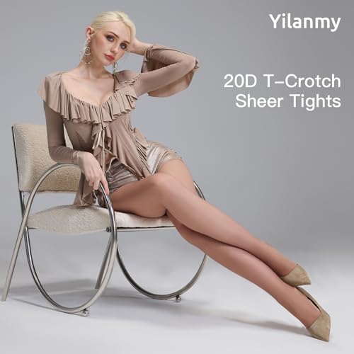 Image of Yilanmy 3 Pairs Sheer Tights for Women Ultra Thin T-Crotch Pantyhose High Waist Stockings 20D