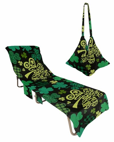 St. Patrick's Day Beach Lounge Chair Towel Cover, Soft Chaise Lounge Towel with Side Pockets Patio Pool Chairs Cover for Beach/Pool Sunbathing 29x85 Green Lucky Clovers Classic Black