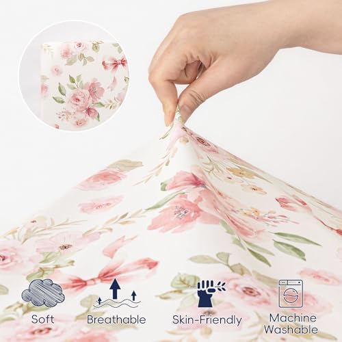 Image of PHF 3 Pack Soft Floral & Bow Crib Sheets Fitted, Comfy Breathable Baby Sheets for Boys Girls, 28x52 Inches Fits Standard Crib and Toddler Mattresses, Floral & Bow