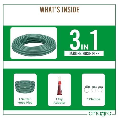 Image of Cinagro 10 Meter 0.5 inch Heavy Duty 3 Layered Braided PVC Garden Hose Pipe with Tap Adapter & 3 Clamps, Water hosePipe for Garden, Car Washing, Garden Pipe for Home (32.8 feet, Green) | With Tap Adapter, 3 Clamps, Heavy Duty, Flexible, Car Wash, Garden Watering