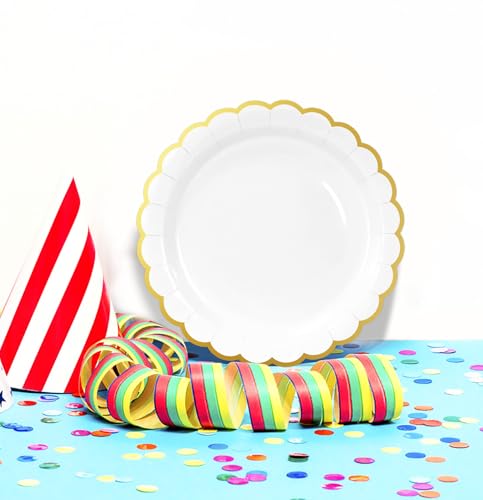 Image of HEIPINIUYE 50 Pieces White Paper Plates with Gold Foil 7 Inch Disposable White Scalloped Dinner Plates for Wedding Baby Shower Birthday Party Dessert Plate