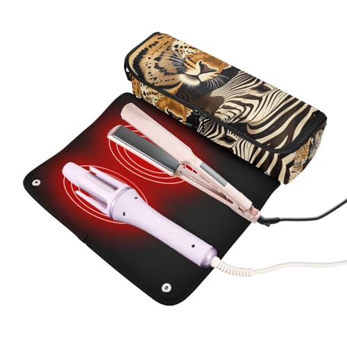 Bolsa de viaje para herramientas de cabello y alfombrilla resistente al calor con gran capacidad para rizadores, planchas y secadores con estampado animal de leopardo y cebras para mujeres miniatura 2