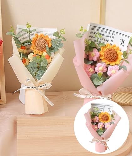 Image of NHCDFA Cotton Crochet Sunflower Bouquet, Crochet Flower Lovely Color Gift for Girls Home Decor for Mother Assortment of Small Sunflower with Light Pink Wrapping Paper