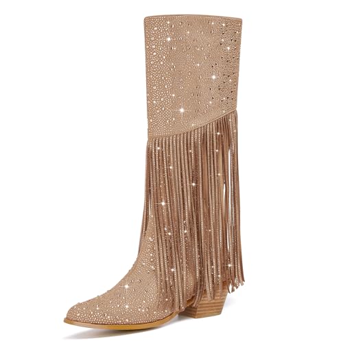 Rhinestone Cowboy Boots Fringe Knee High Cowgirl Boots Sparkly Cowboy Boots Glitter Sparkle Cowgirl Boots