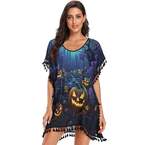 Halloween Pumpkin Blue Art Women's Beach Cover Up Chiffon Tassel Swimwear Swimsuit Coverups for Girl