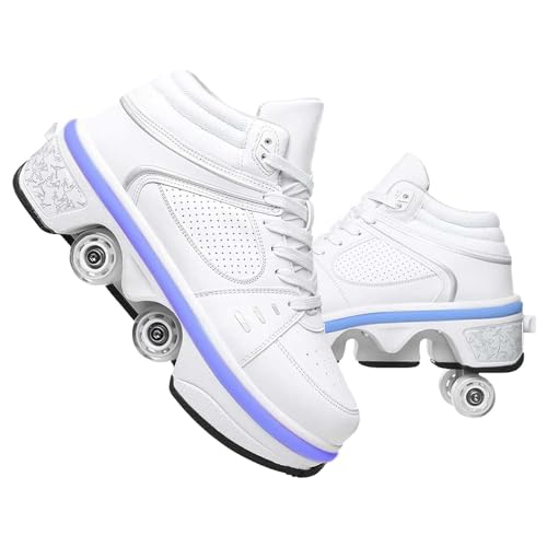 UonrvaoN Roller Skate Shoes for Men, Double-Row Deform Wheel Automatic Walking Shoes, Retractable Roller Skate, Shoes with Wheels, Skating Shoes for Outdoor Fun & Fitness, 10, White Led