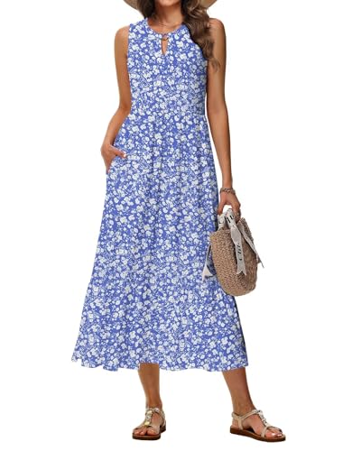 Tanmolo Sommerkleider Damen Lang Maxikleid Damen Kleid A-Linie Strandkleid Mit Rundhals Im Swing-Stil Mit Blumenmuster Ärmelloses Mit Taschen (Blaue...