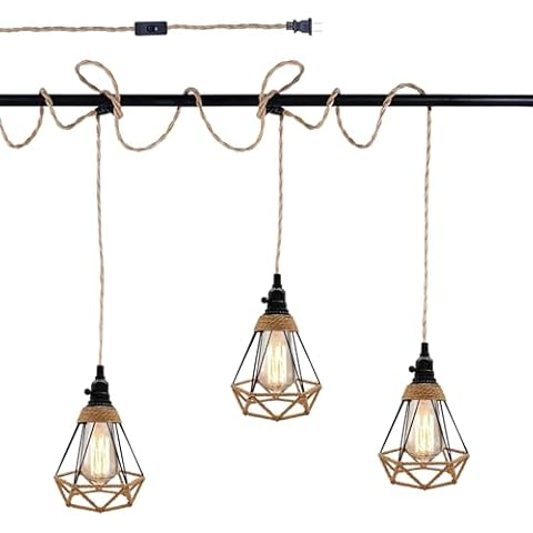 Refice Triple Plug in Pendant Lights with Cord Hanging Lamp Kit with Switch 22 Ft Long Hemp Rope Farmhouse Pndant Light Cord Lighting Fixture Kits DIY Hanging Light Cover