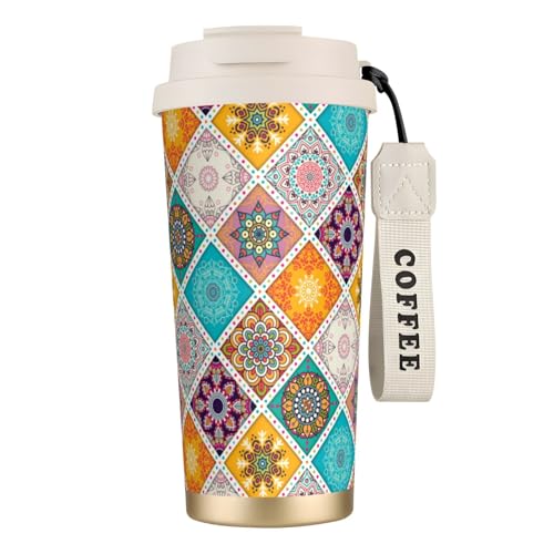 タンブラー エスニック柄 マンダラ柄 曼荼羅 マグボトル コーヒーカップ 水筒 保温 保冷 ウォーターボトル 蓋付き ストロー付き 直飲み おしゃれ プレゼント